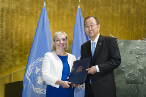 Secretary-General Ban Ki-moon accepts the instrument acceptance for the ratification of the Paris Agreement from Lilja Dogg Alfredsdottir, Minister for Foreign Affairs of the REPUBLIC OF ICELAND. High-level Event on the Entry into Force of the Paris Agreement